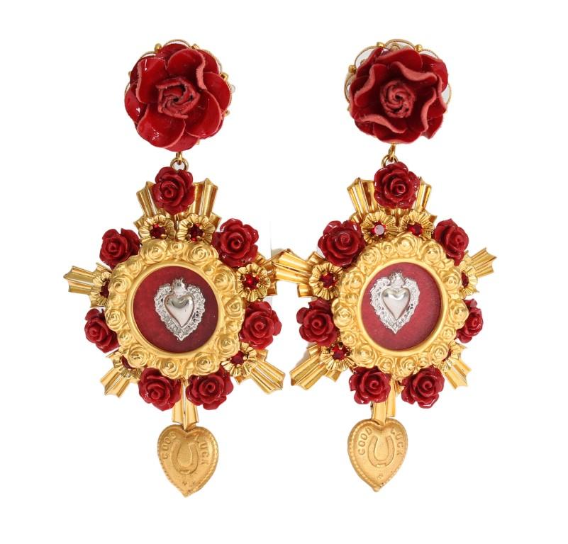 Gold Crystal Red Roses Heart Dangling Clip On Earring
