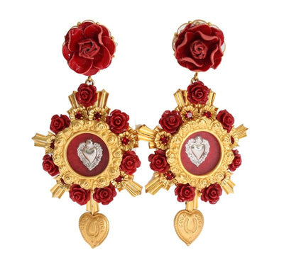 Gold Crystal Red Roses Heart Dangling Clip On Earring