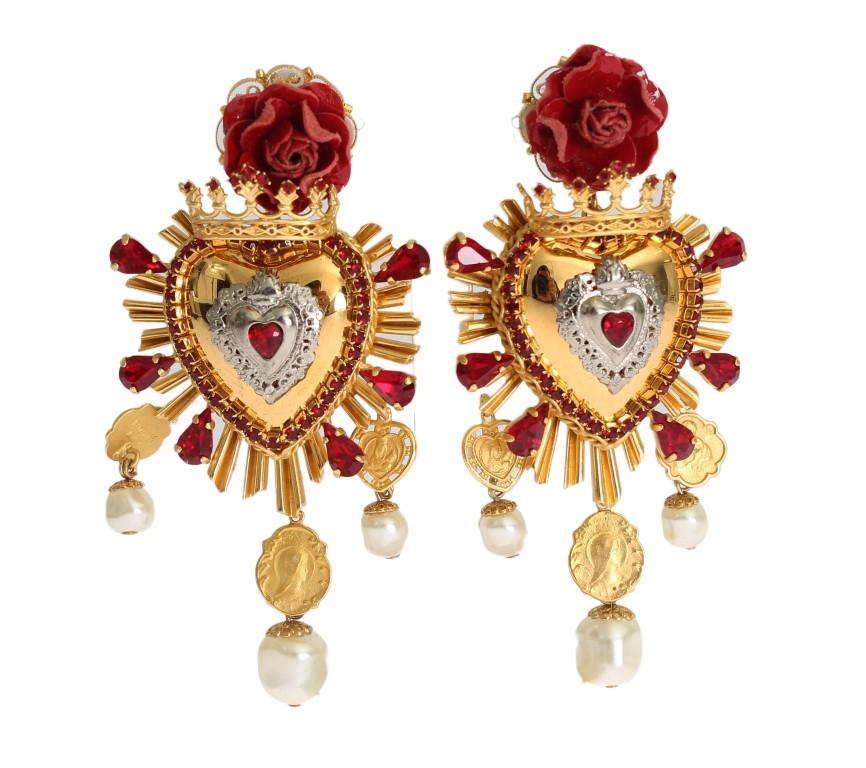 Gold Crystal Red Roses Heart Dangling Clip On Earring
