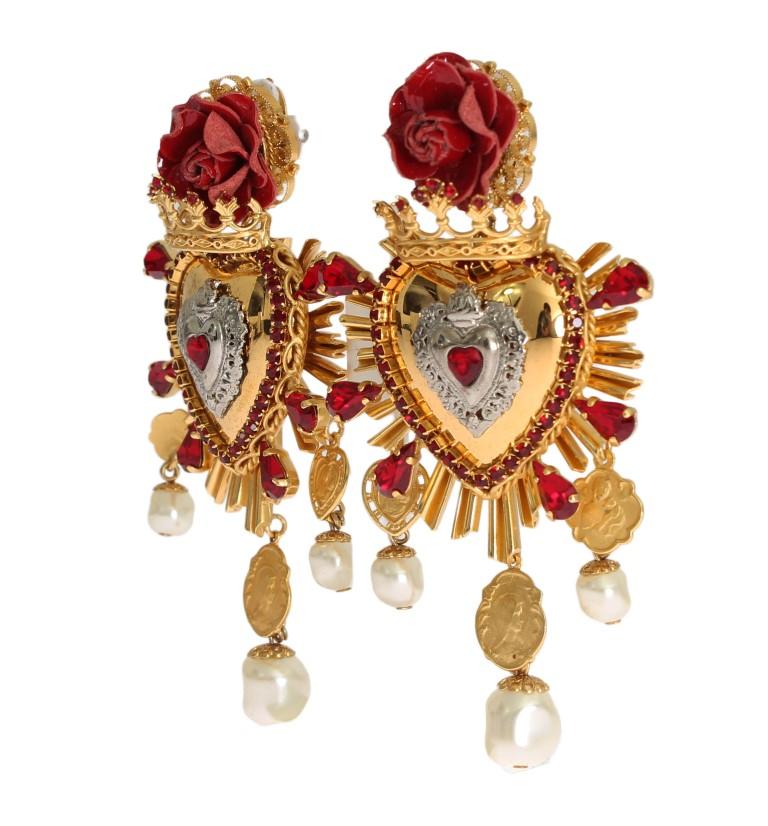 Gold Crystal Red Roses Heart Dangling Clip On Earring