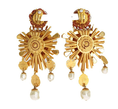 Gold Crystal Red Roses Heart Dangling Clip On Earring