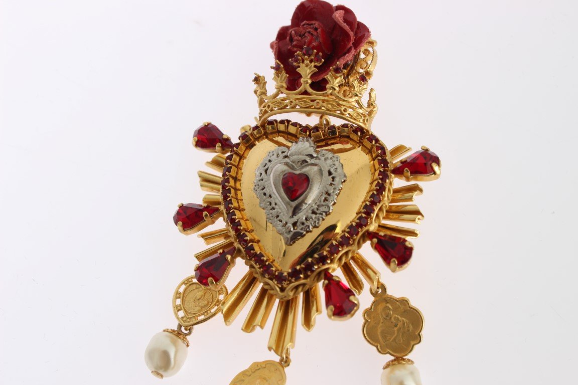 Gold Crystal Red Roses Heart Dangling Clip On Earring