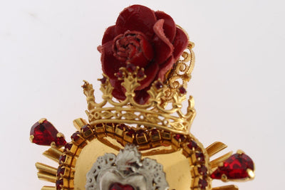 Gold Crystal Red Roses Heart Dangling Clip On Earring