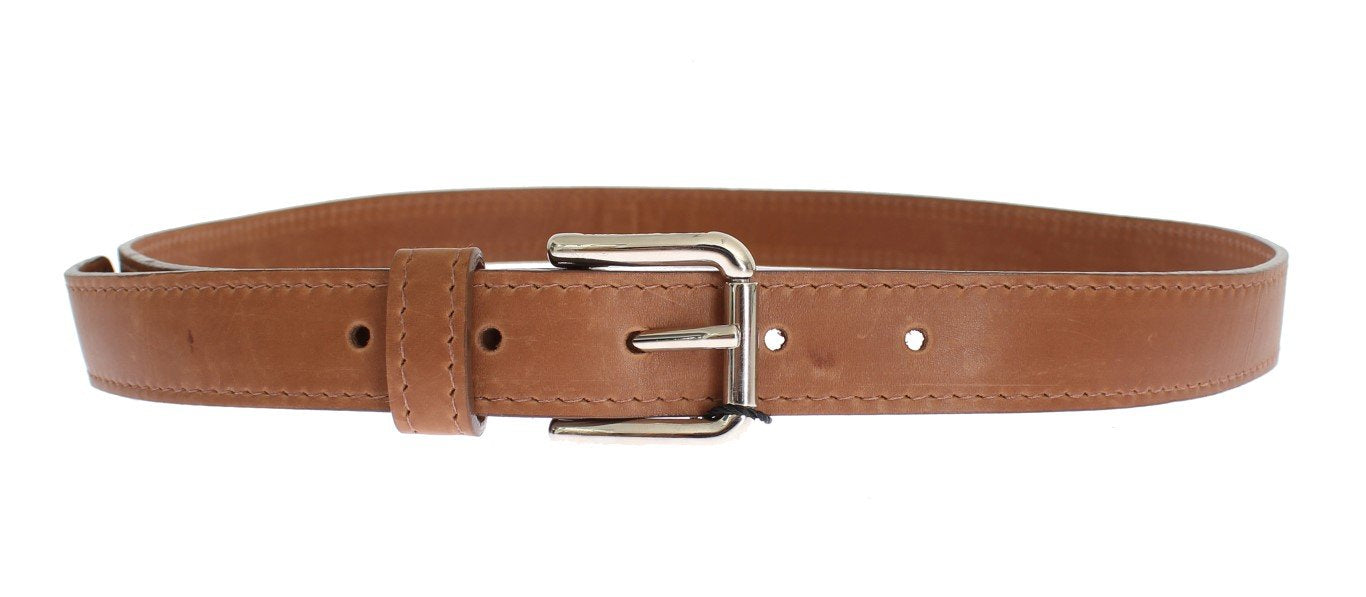 Brown Leather Silver Buckle Logo Wide Belt