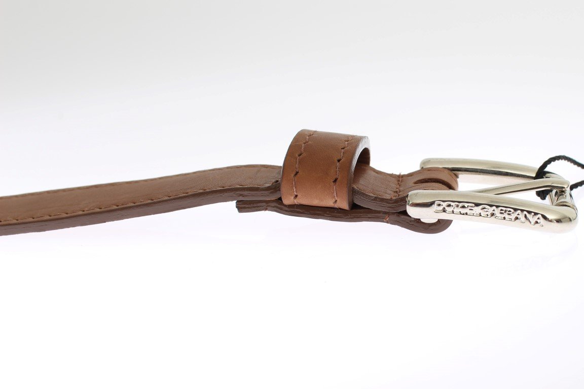 Brown Leather Silver Buckle Logo Wide Belt