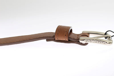 Brown Leather Silver Buckle Logo Wide Belt