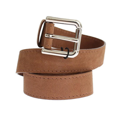 Brown Suede Silver Buckle Logo Wide Belt
