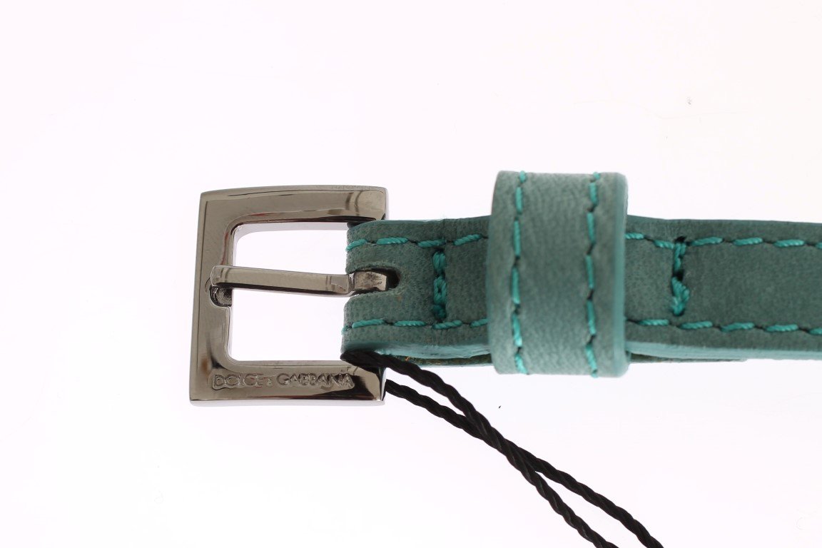 Green Leather Silver Buckle Logo Belt