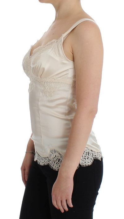Beige Silk Stretch Lace Tank Top T-shirt
