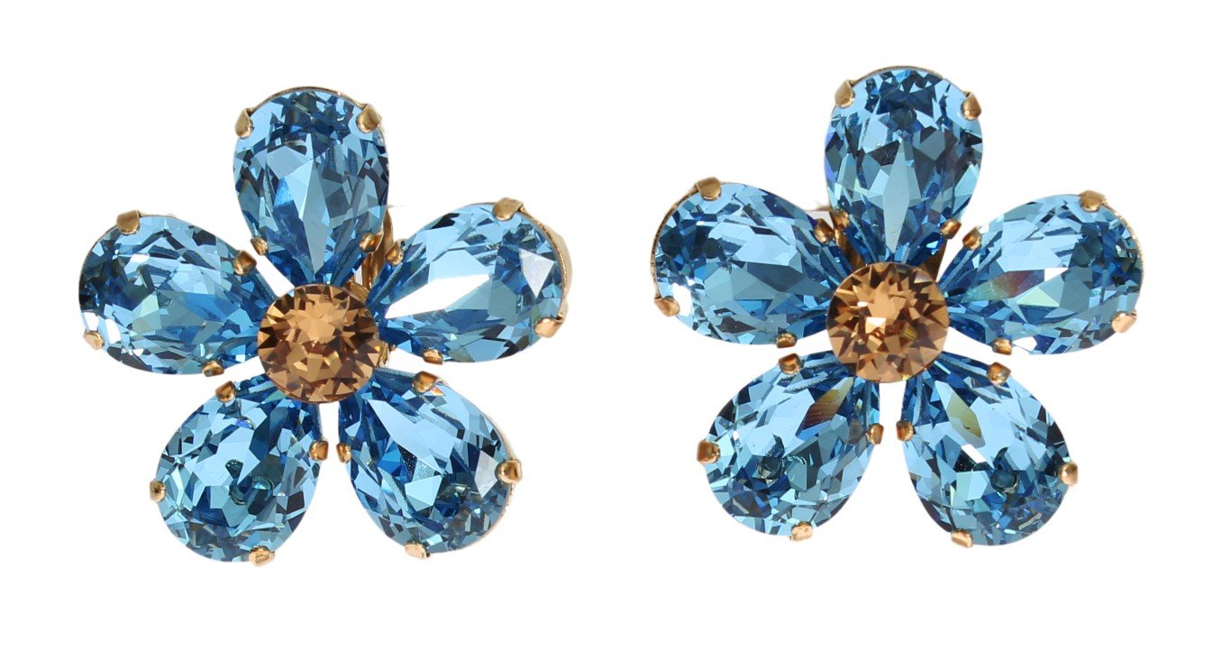 Gold Brass Floral Blue Crystal Large Clip On Sicily Earring
