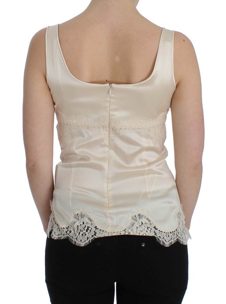 Beige Silk Stretch Lace Tank Top T-shirt