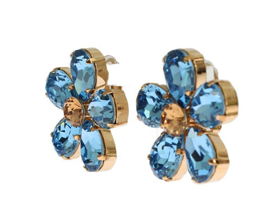 Gold Brass Floral Blue Crystal Large Clip On Sicily Earring