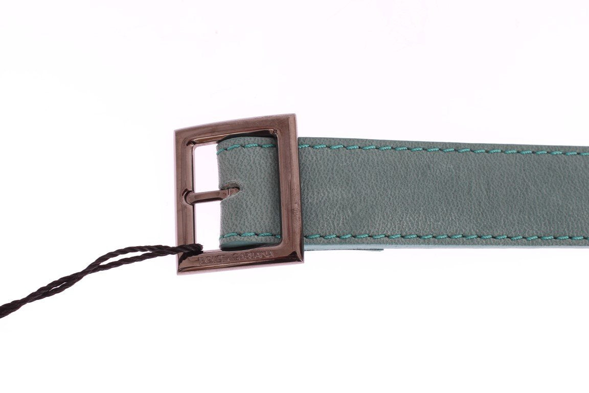 Green Leather Silver Buckle Logo Belt