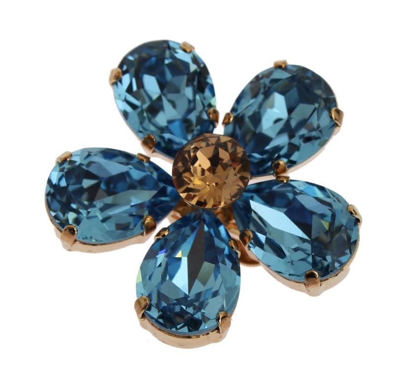 Gold Brass Floral Blue Crystal Large Clip On Sicily Earring