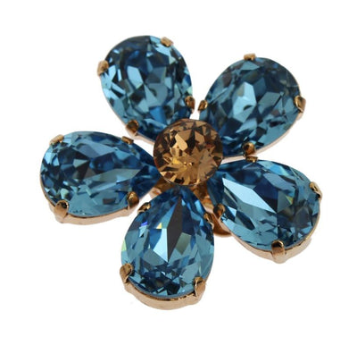 Gold Brass Floral Blue Crystal Large Clip On Sicily Earring