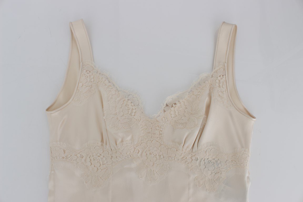 Beige Silk Stretch Lace Tank Top T-shirt