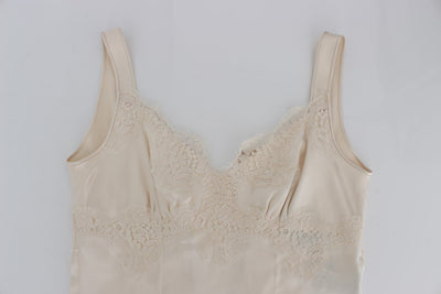 Beige Silk Stretch Lace Tank Top T-shirt