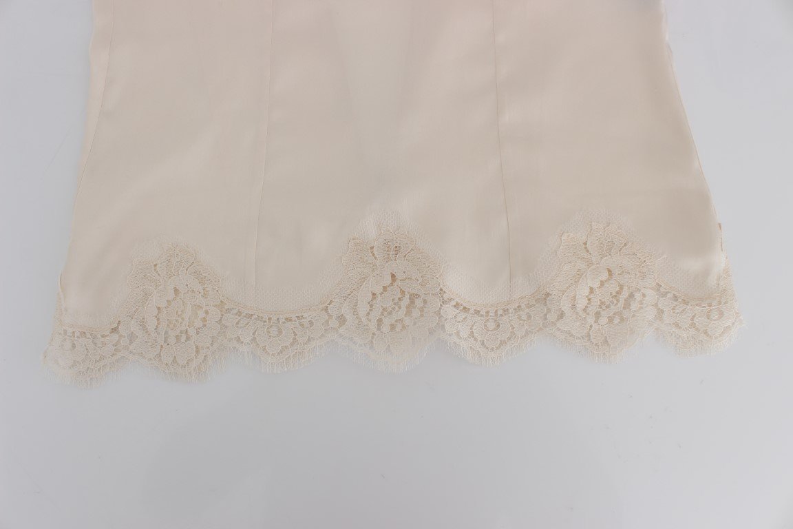 Beige Silk Stretch Lace Tank Top T-shirt