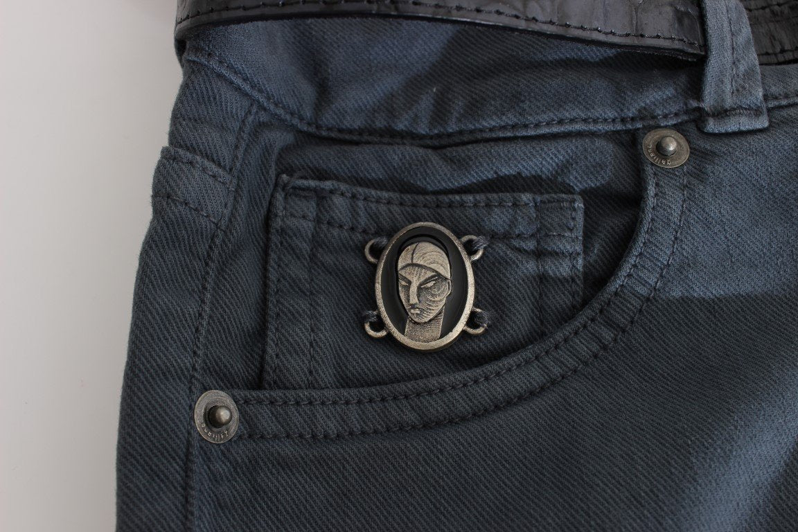 Blue Cotton Blend Slim Fit High Waist Jeans