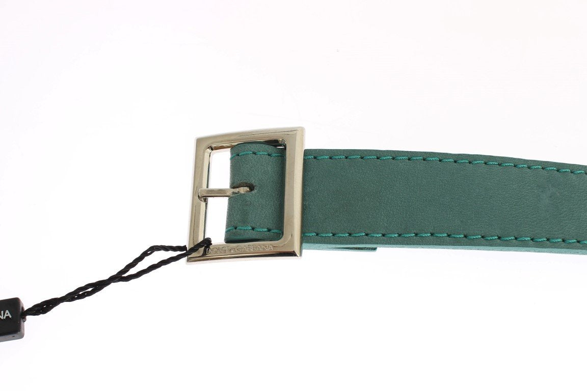 Green Leather Silver Buckle Logo Belt