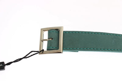 Green Leather Silver Buckle Logo Belt