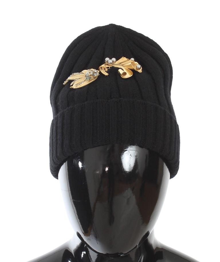 Black Crystal Brooch Cashmere Beanie