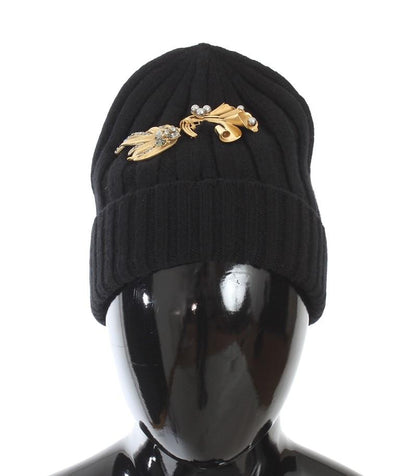 Black Crystal Brooch Cashmere Beanie