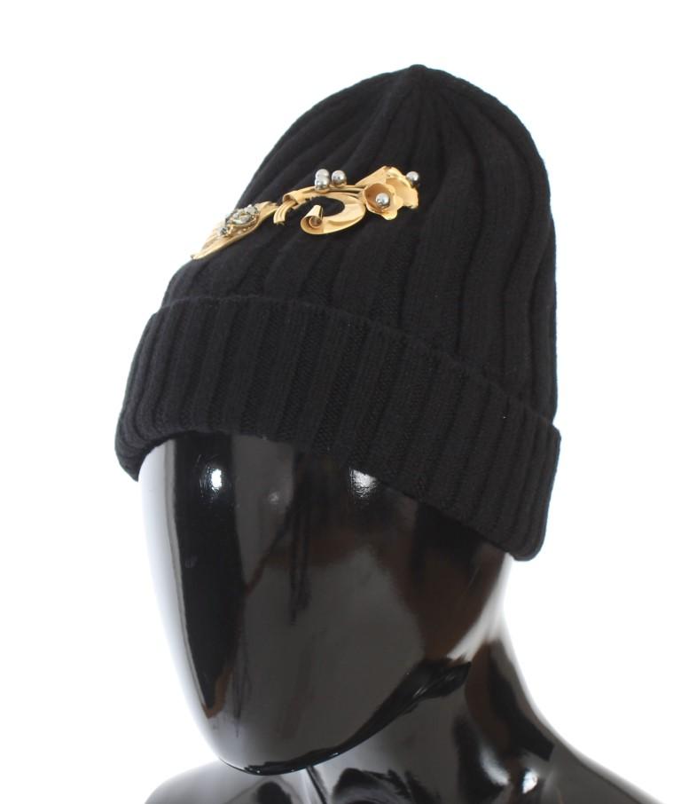 Black Crystal Brooch Cashmere Beanie