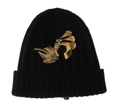 Black Crystal Brooch Cashmere Beanie