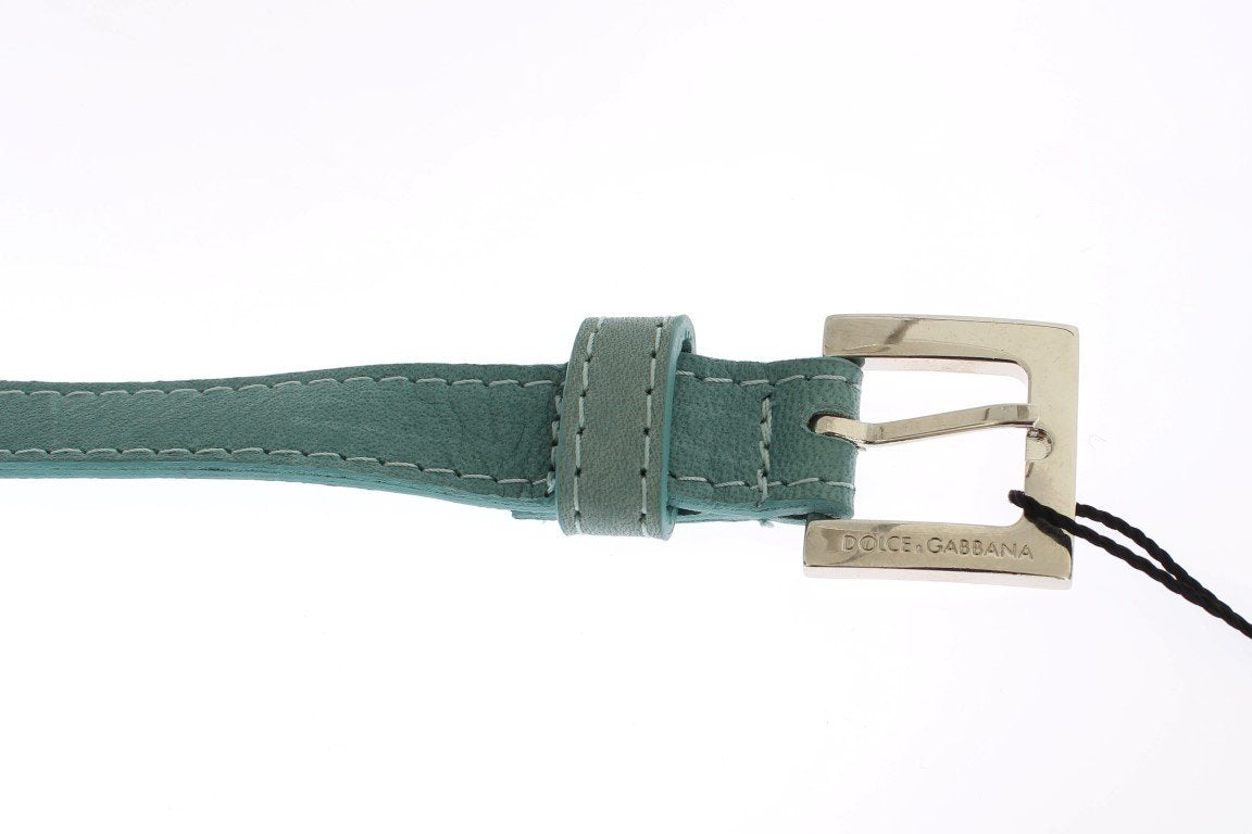 Green Leather Silver Buckle Logo Belt