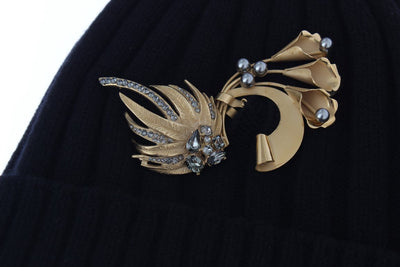 Black Crystal Brooch Cashmere Beanie