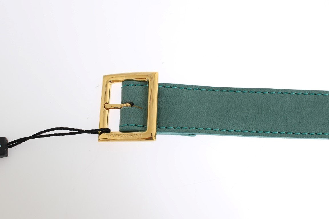 Green Leather Gold Buckle Logo Belt