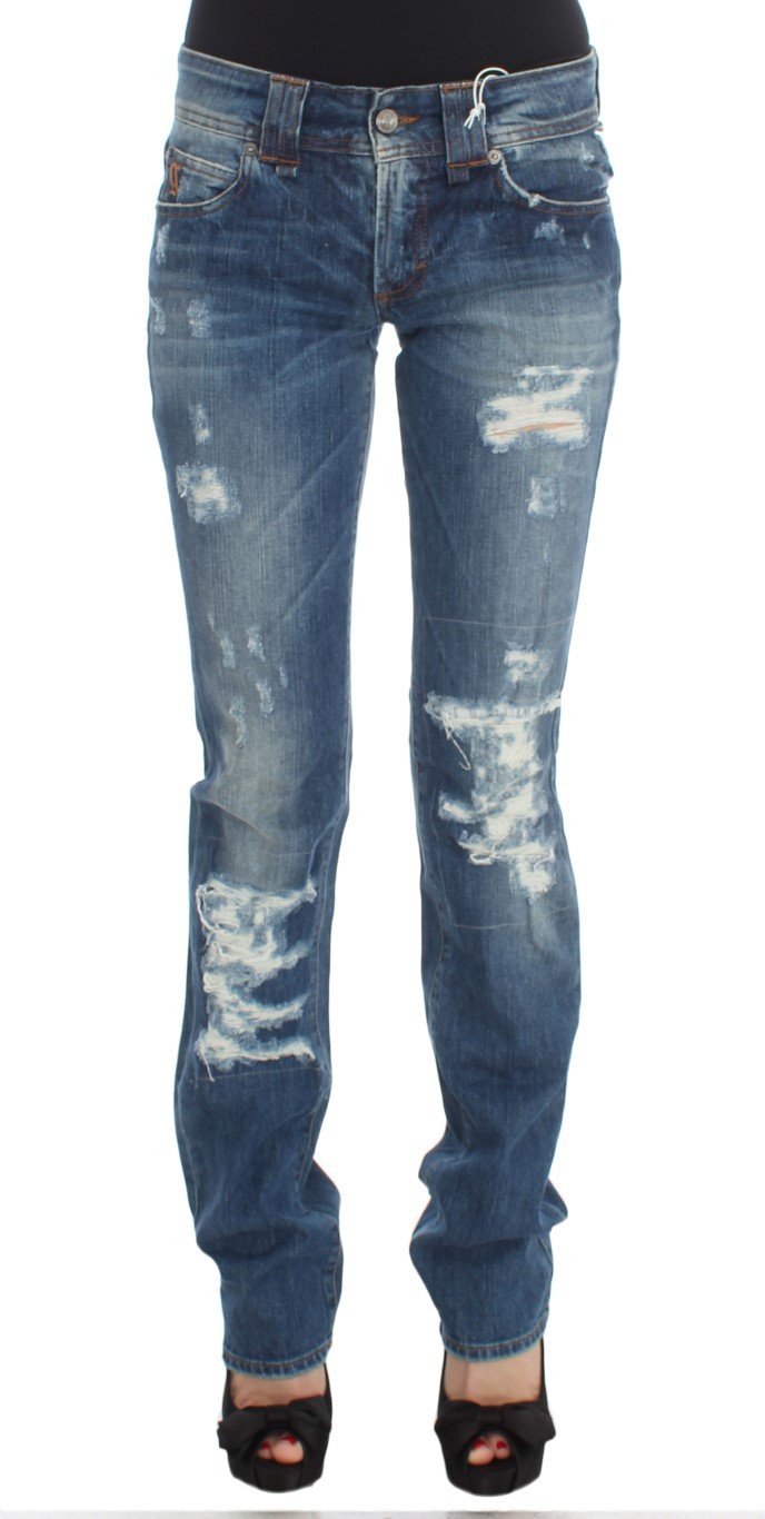Blue Wash Cotton Blend Slim Fit Bootcut Jeans