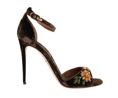 Brown Velvet Crystal Heels Pumps
