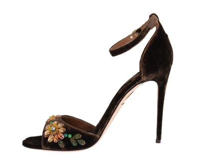 Brown Velvet Crystal Heels Pumps