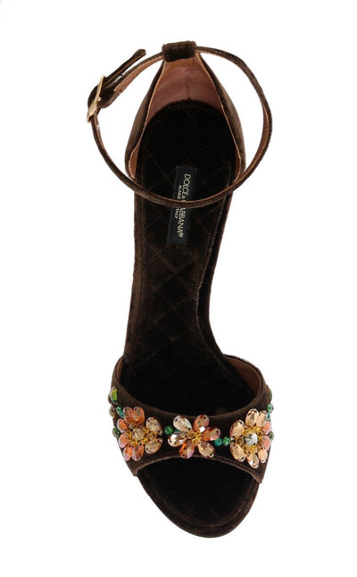 Brown Velvet Crystal Heels Pumps