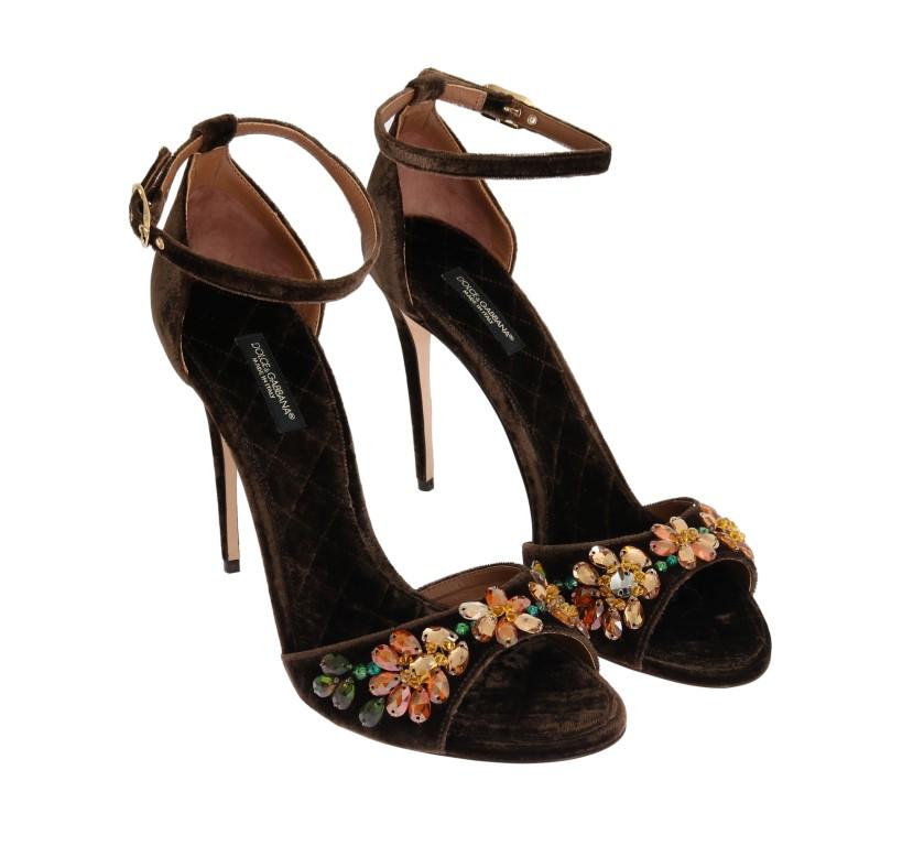 Brown Velvet Crystal Heels Pumps