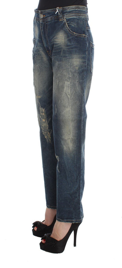 Blue Wash Cotton Boyfriend Fit Cropped Jeans
