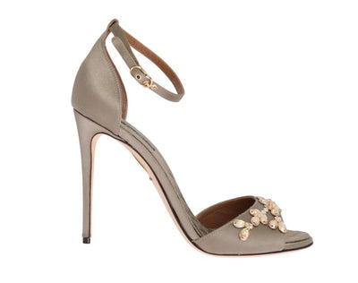 Gray Satin Crystal Heels Pumps