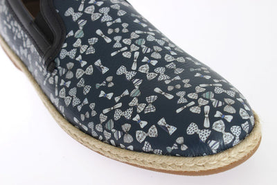 Blue Leather Bowtie Pattern Loafers