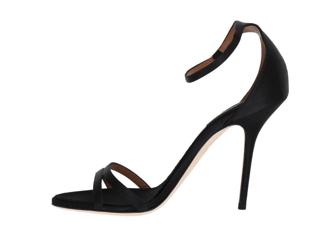 Black Satin Leather Heels Pumps