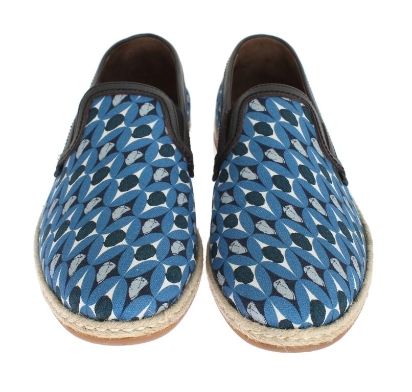 Blue Canvas Leather Pattern Loafers