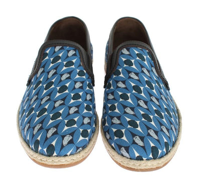 Blue Canvas Leather Pattern Loafers