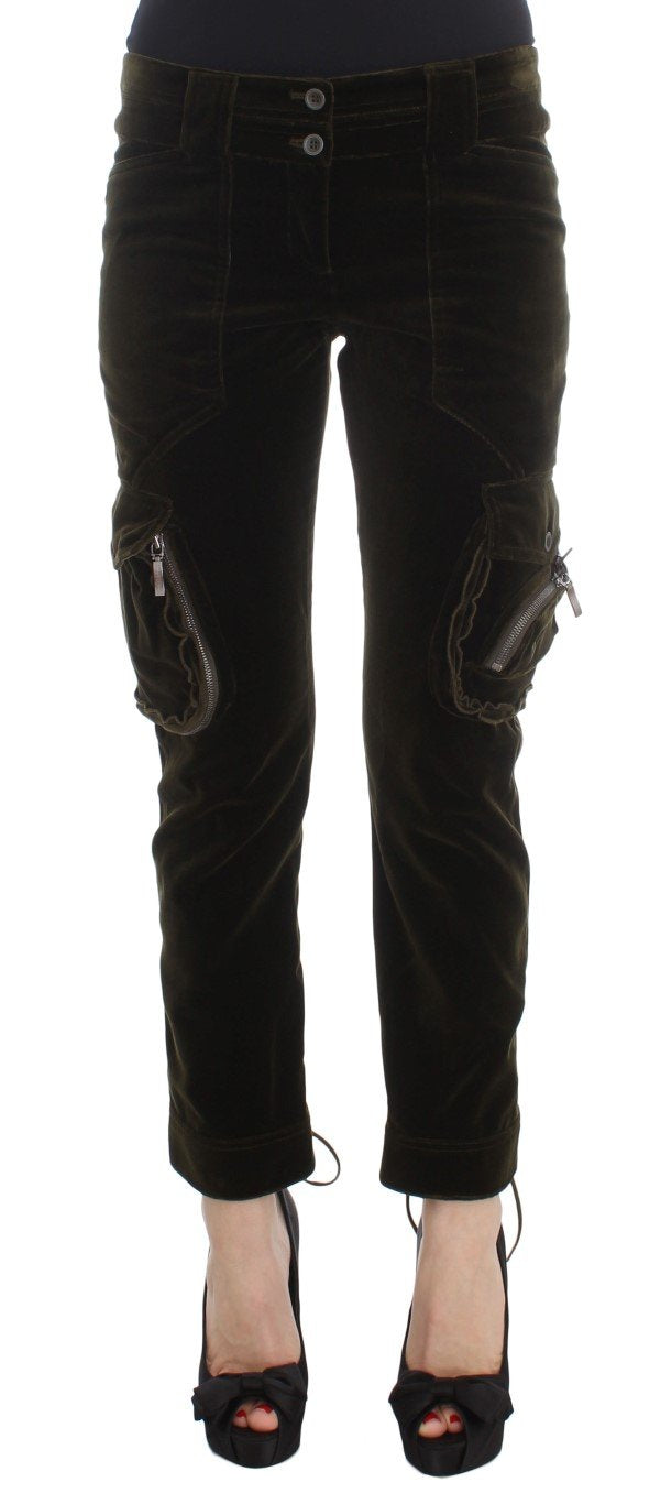 Green Cotton Velvet Slim Fit Cargo Pants