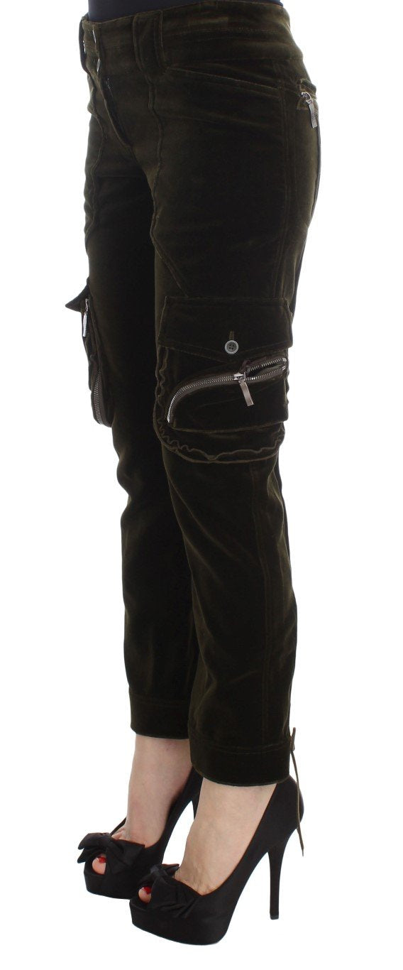 Green Cotton Velvet Slim Fit Cargo Pants