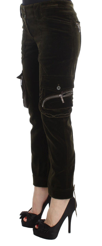 Green Cotton Velvet Slim Fit Cargo Pants