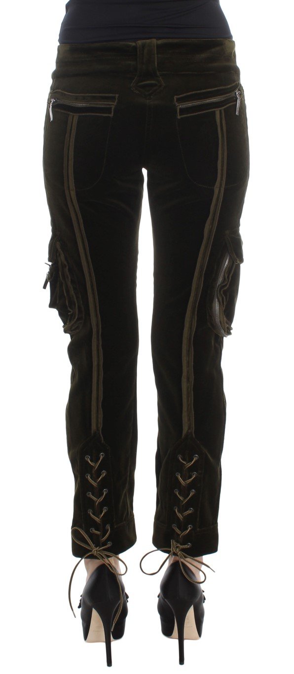 Green Cotton Velvet Slim Fit Cargo Pants