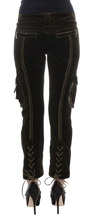 Green Cotton Velvet Slim Fit Cargo Pants