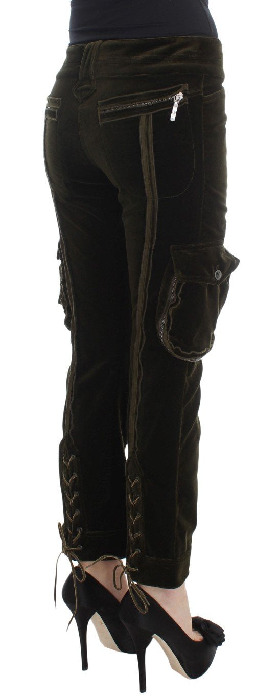Green Cotton Velvet Slim Fit Cargo Pants