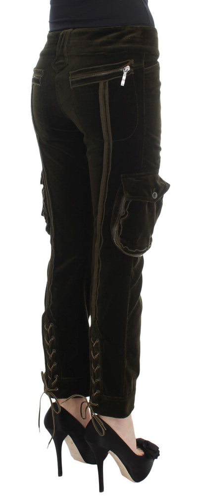 Green Cotton Velvet Slim Fit Cargo Pants